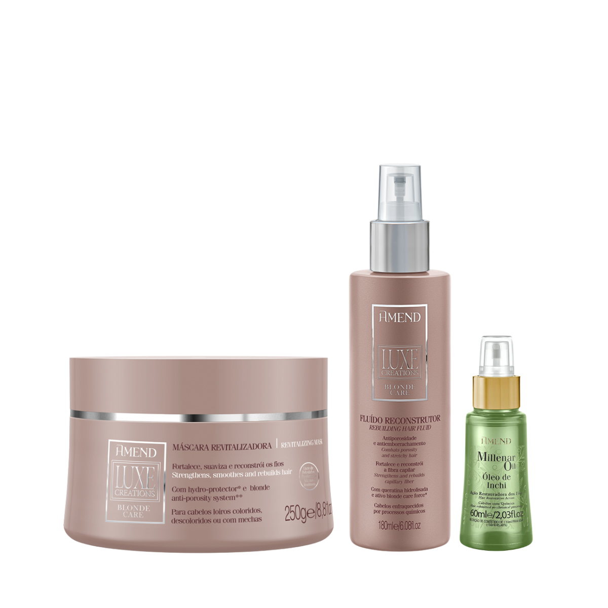 Amend Luxe Creations Blonde Care Masc 300ml + Fluído 180ml + Millenar Oil Inchi 60ml