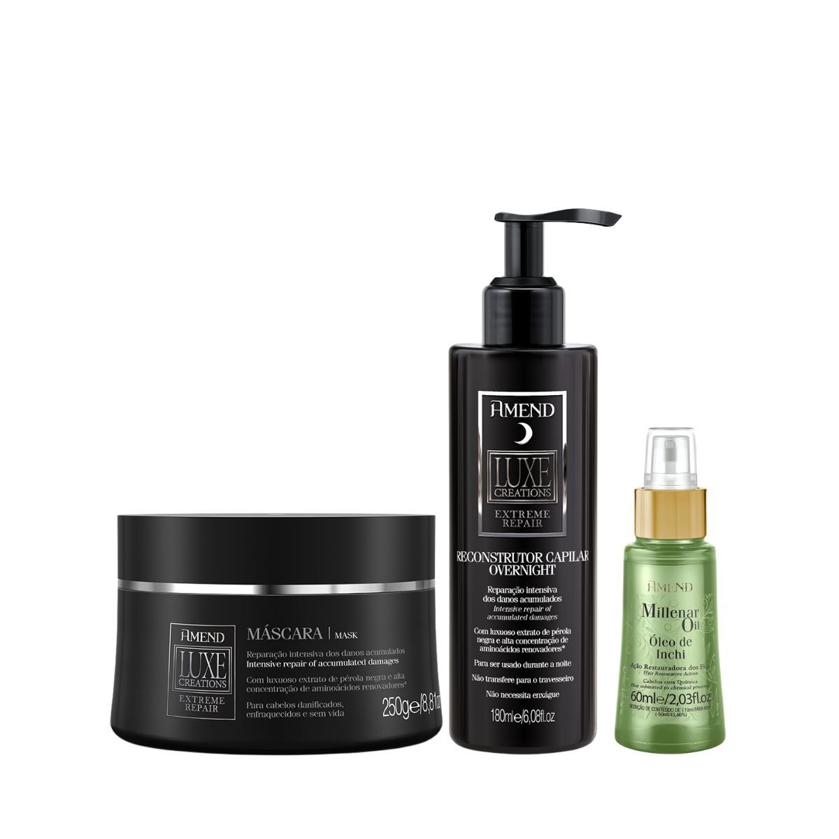 Amend Luxe Creations Extreme Repair Masc 300ml + Overnight 180ml + Millenar Oil Inchi 60ml ÚNICO 1
