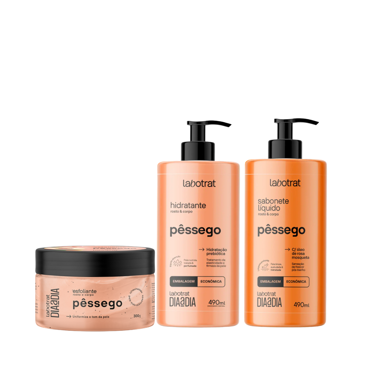 Labotrat Pessego Sabonete 490ml + Hidratante 490ml + Esf 300ml ÚNICO 3