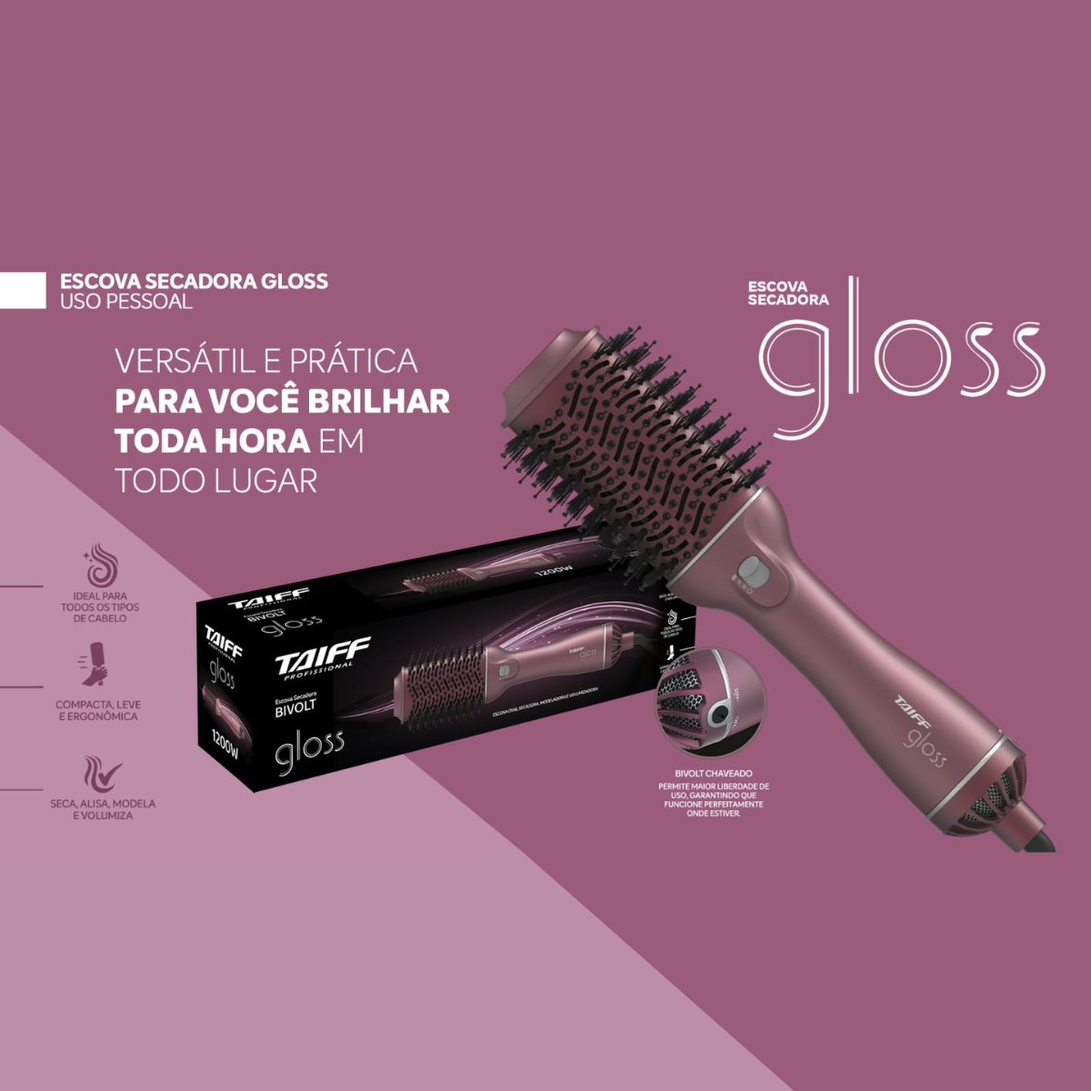 Taiff Escova Secadora Gloss Bivolt Rose Rosa 4