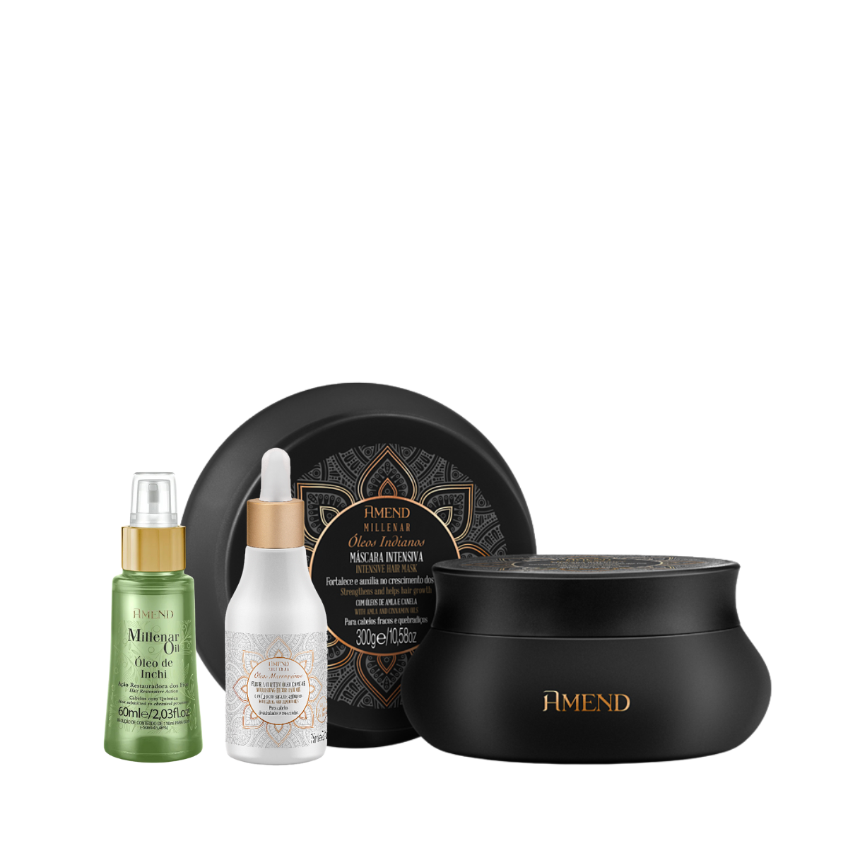 Amend Millenar Óleos Indianos Masc 300ml + Óleo Elixir Nutritivo 75ml + Millenar Oil Inchi 60ml