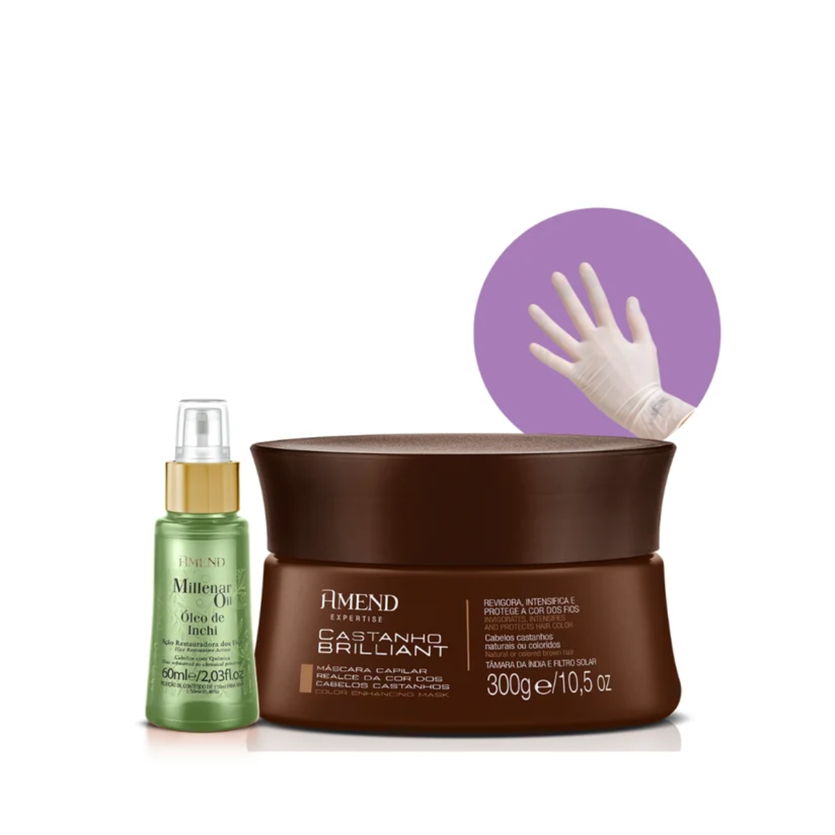 Amend Realce da Cor Mascara Matizadora Castanho Brilliant 300ml + Millenar Oil Inchi 60ml + Luva