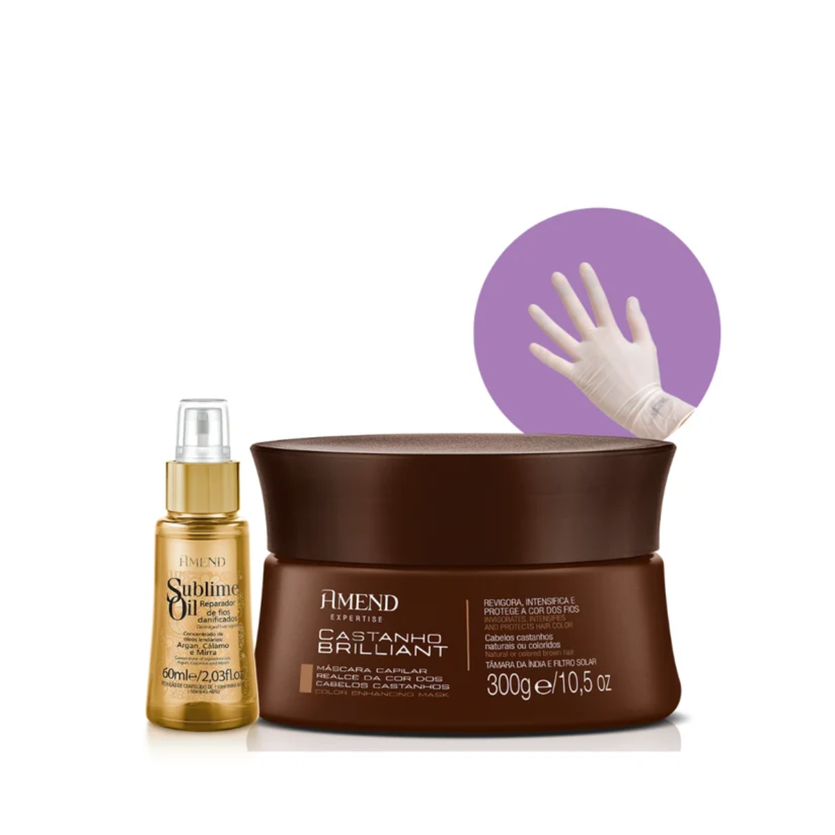 Amend Realce da Cor Mascara Matizadora Castanho Brilliant 300ml + Sublime Oil 60ml + Luva