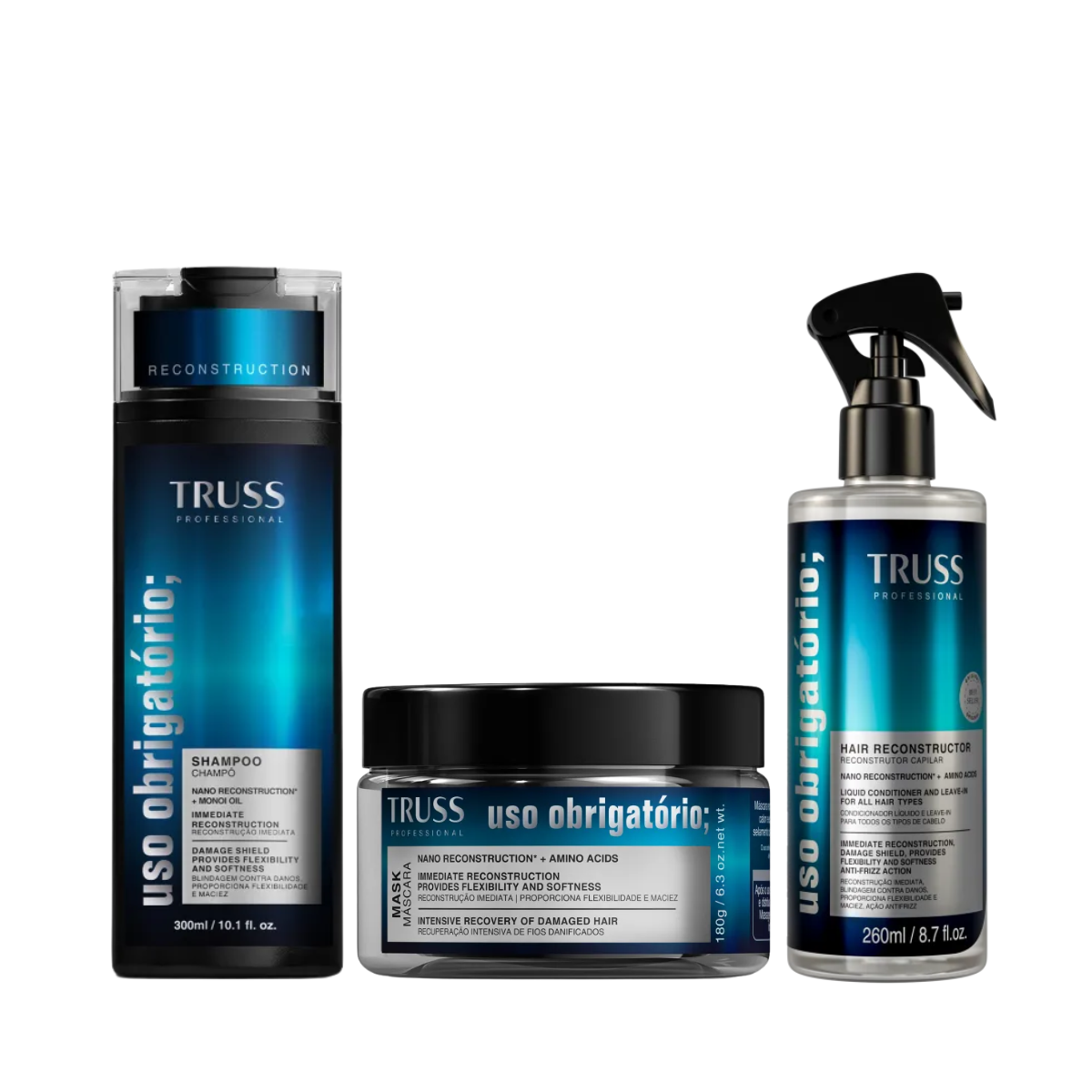 Kit Truss Uso Obrigatório Completo - Shampoo 300ml + Máscara 180ml + Spray Reconstrutor 260ml