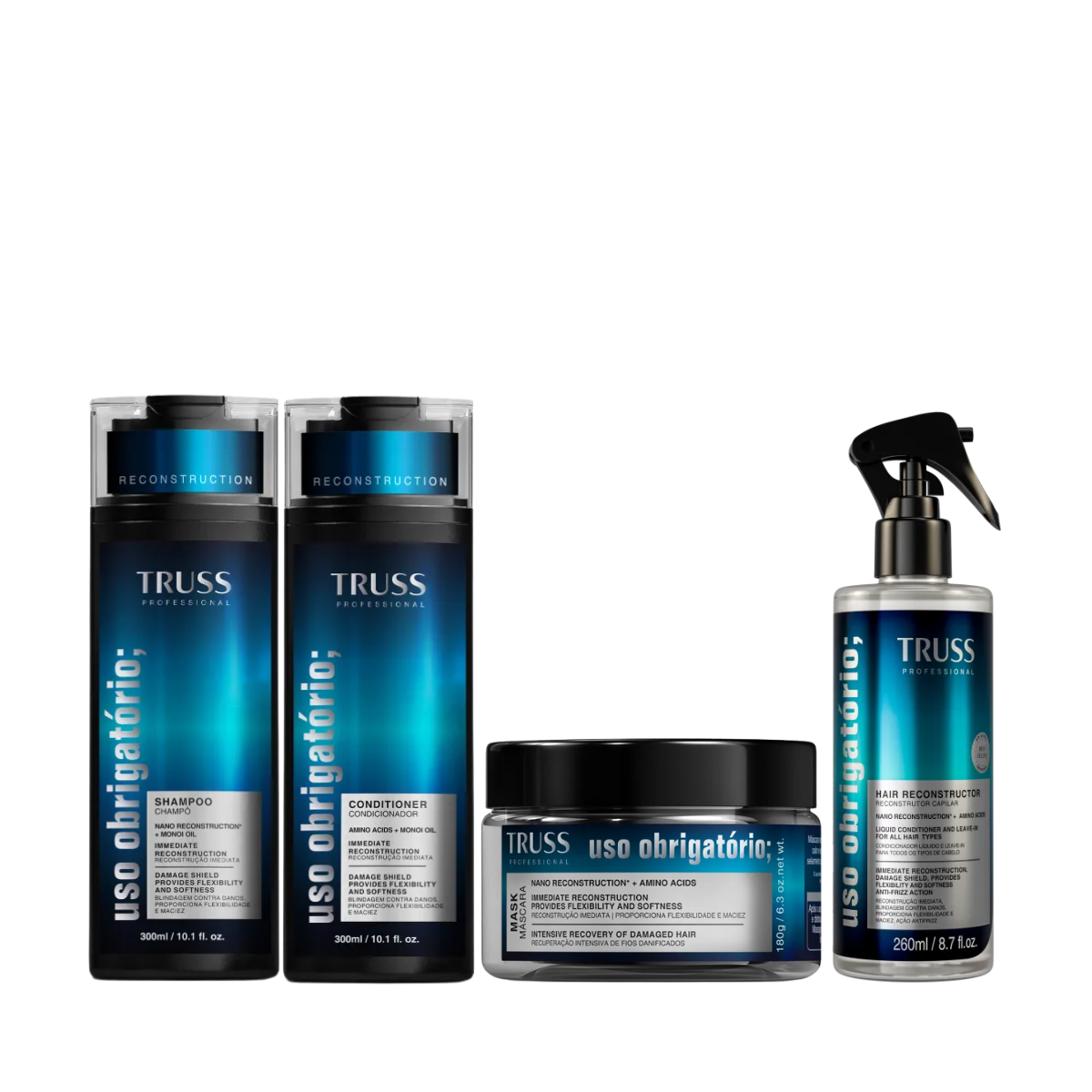 Kit Completo Truss Uso Obrigatório - Shampoo 300ml + Condicionador 300ml + Máscara 180ml + Spray Reconstrutor 260ml