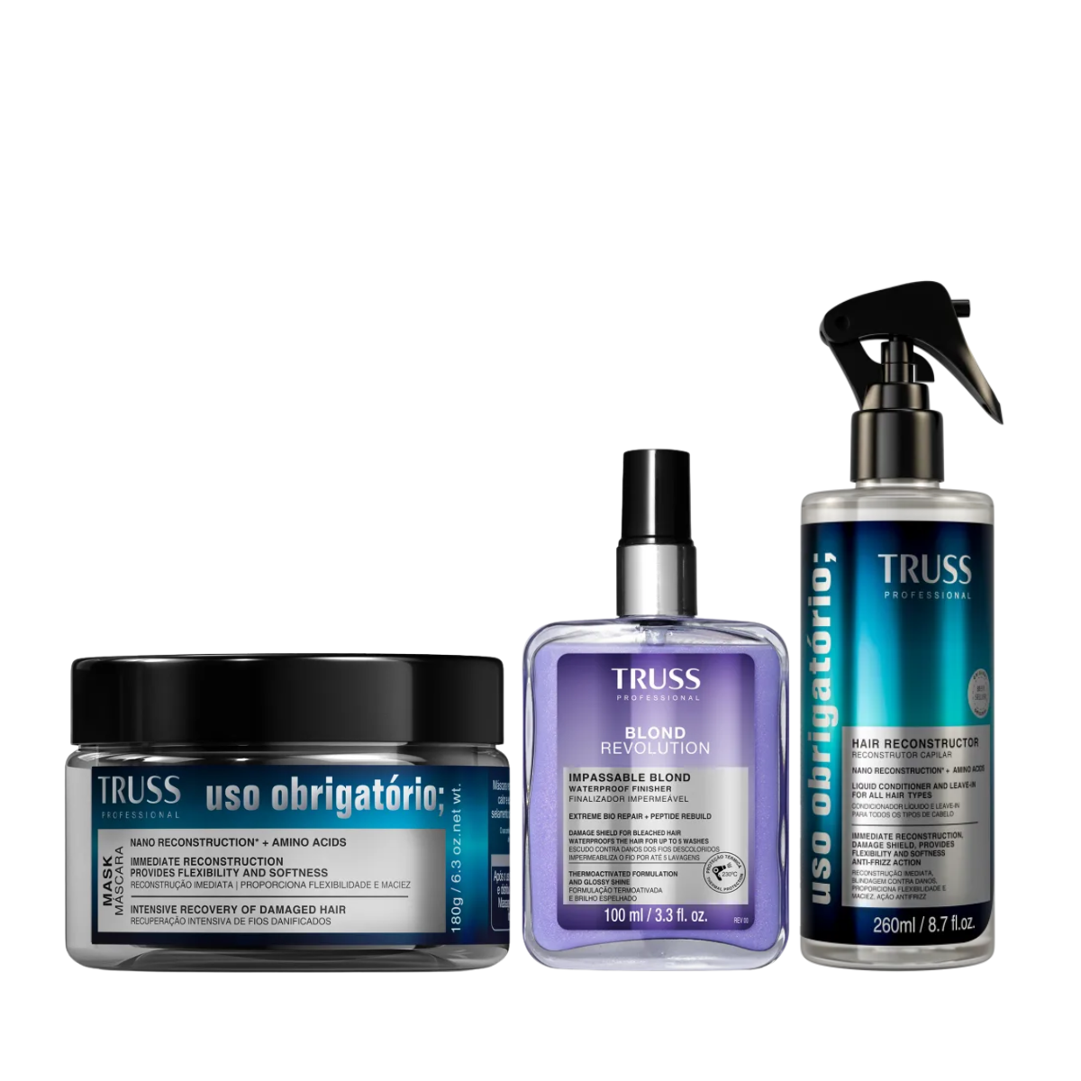 Kit Truss Uso Obrigatório Essencial - Máscara 180ml + Blond Revolution Finalizador Impermeável 100ml + Uso Obrigatório Spray Reconstrutor 260ml