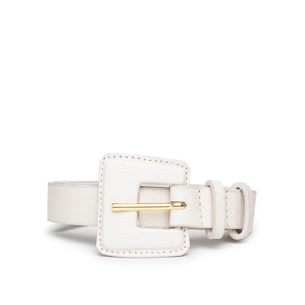 Cinto Couro Fivela Forrada Quadrada Pespontada Deniz Creme Branco 1