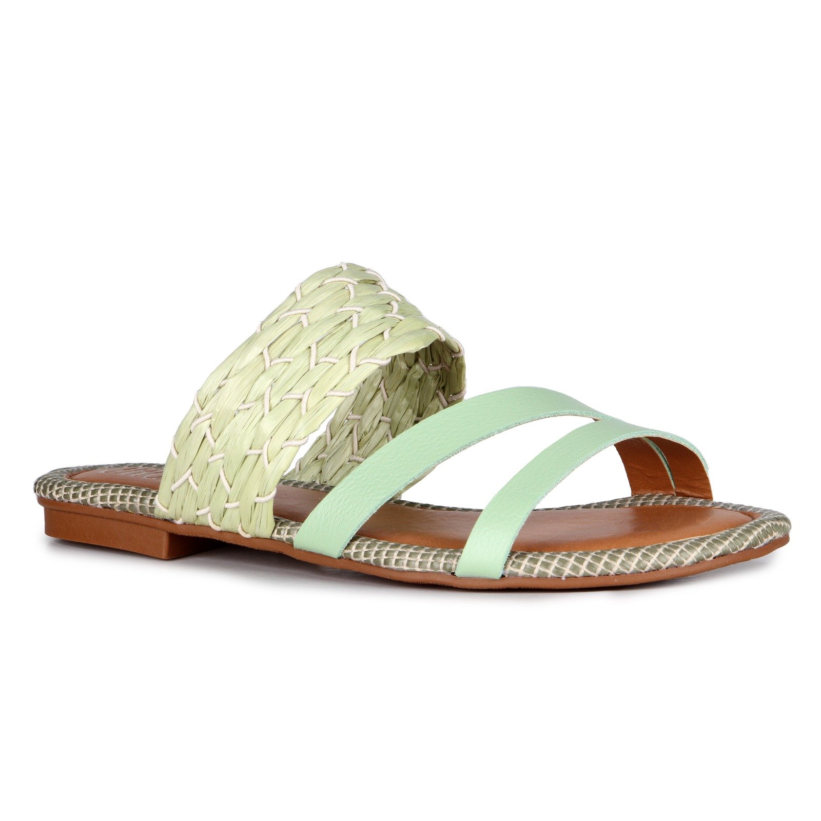 Rasteira Em Couro E Ráfia Tressê - Menta Verde 1