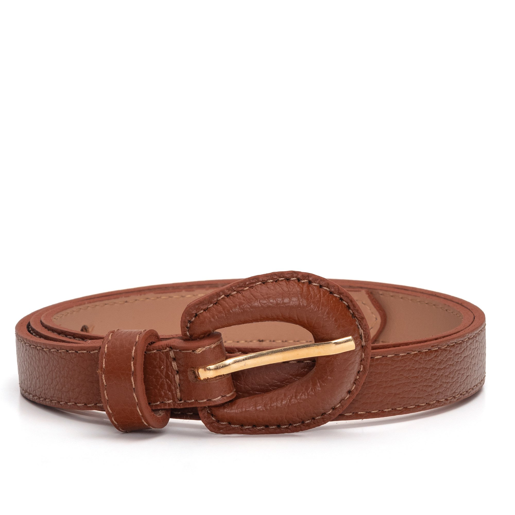 Cinto Em Couro Fivela Forrada E Pespontado Linê Caramelo Marrom 1