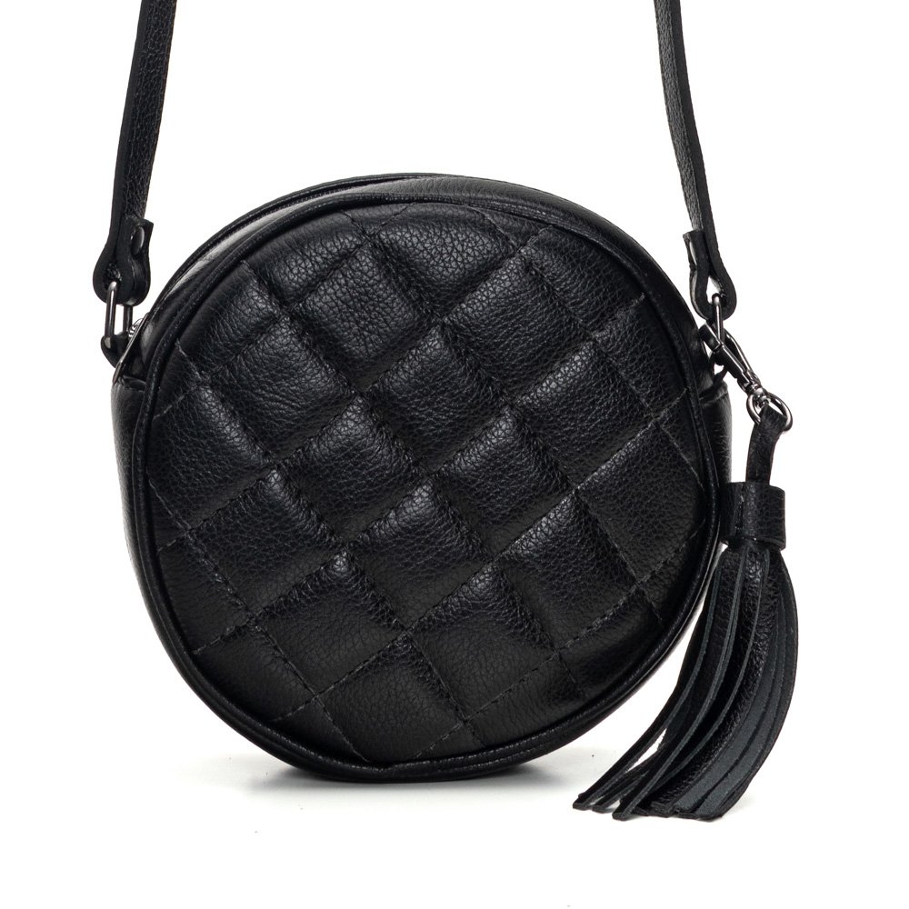Bolsa Em Couro Redonda Matelassê Kira - Preto