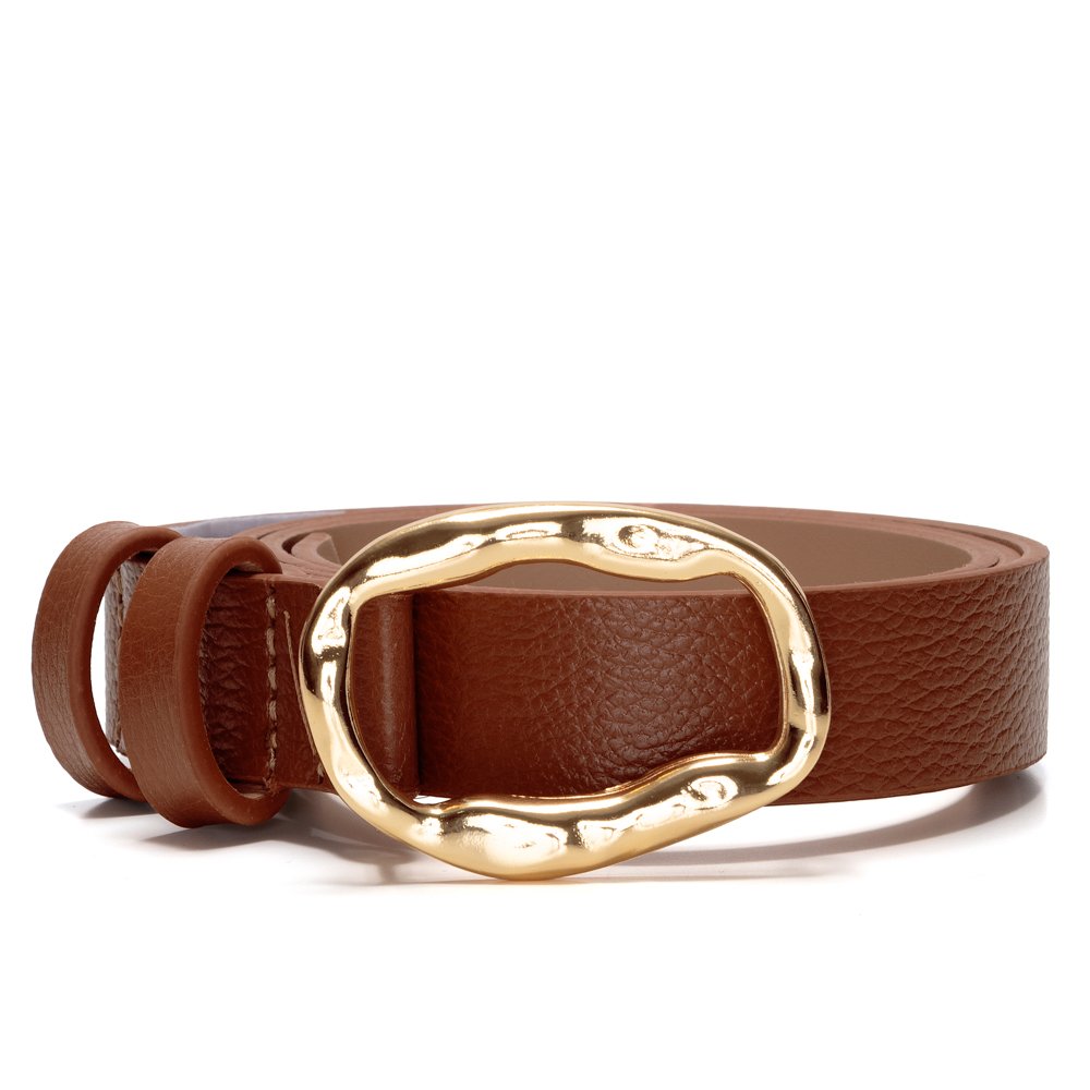 Cinto Em Couro Fivela Em Metal Oval Texturizada Ovy Caramelo