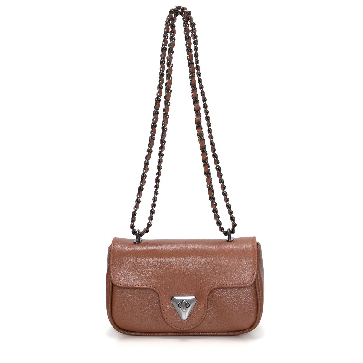 Bolsa Em Couro Com Alça De Corrente Virna - Caramelo