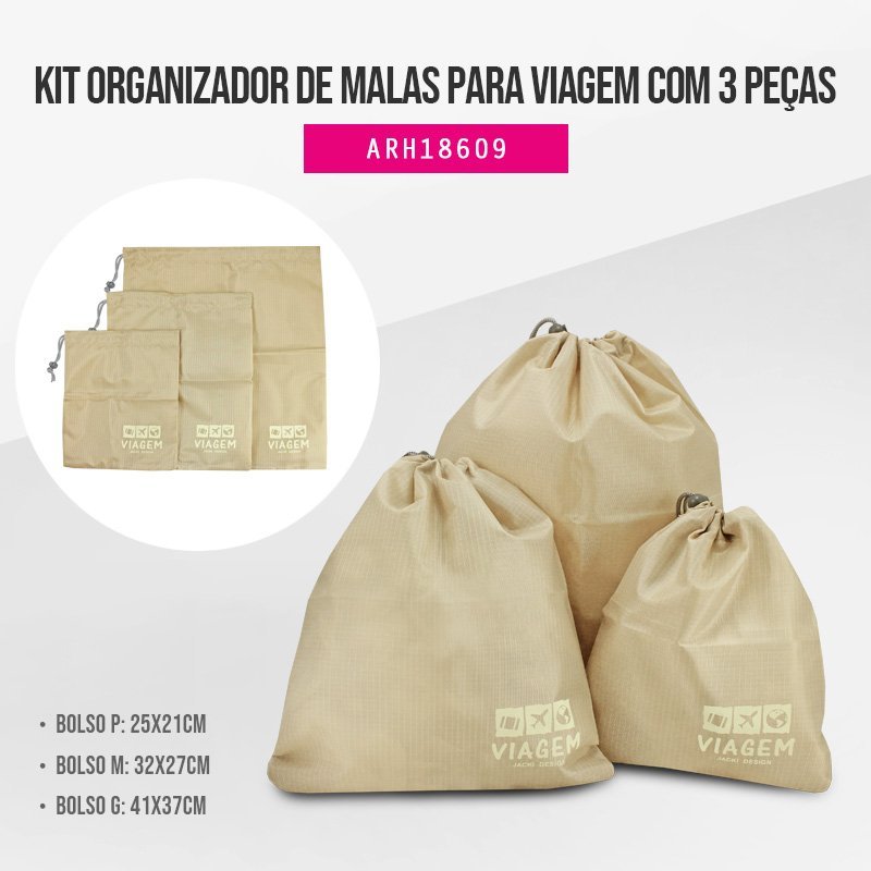 Kit Organizador de Malas para Viagem com 3 Peças Jacki Design Bege 3