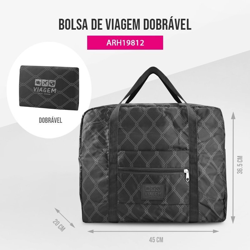 Bolsa de Viagem Dobrável Retangular Estampa Listrada Jacki Design Preto 4
