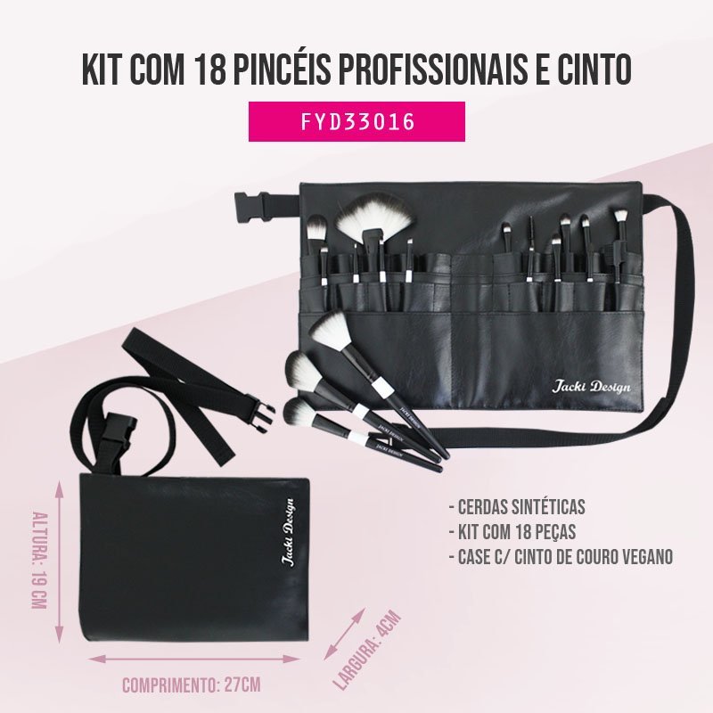Kit com 18 Pincéis Profissionais com Cinto Jacki Design Preto 2