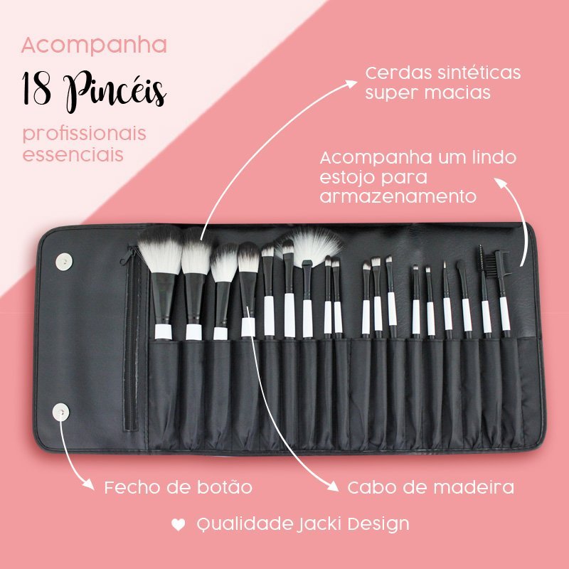 Kit com 18 Pincéis Profissionais com Estojo Jacki Design Preto 3