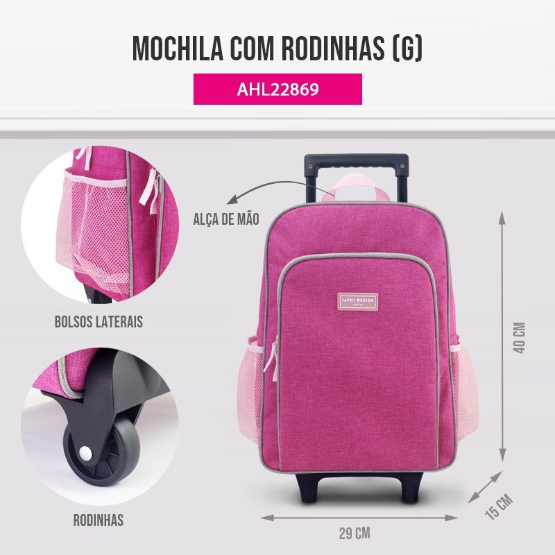 Conjunto Lancheira Térmica com Pote p/ Lanche, Garrafa 550ml e Mochila com Rodinhas Rosa 21