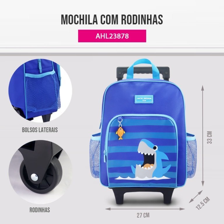 Conjunto Mochila com Rodinhas Lancheira Térmica Pote p/ Lanche e Garrafa Infanti Pimpolho-ANALISE Azul 2