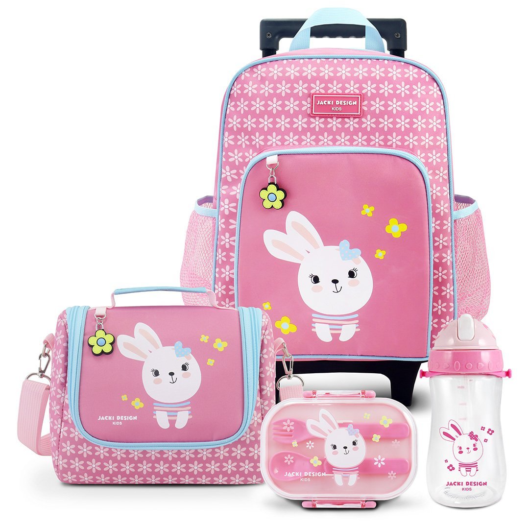 Conjunto Mochila com Rodinhas Lancheira Térmica Pote p/ Lanche e Garrafa Infanti Pimpolho-ANALISE Rosa 1