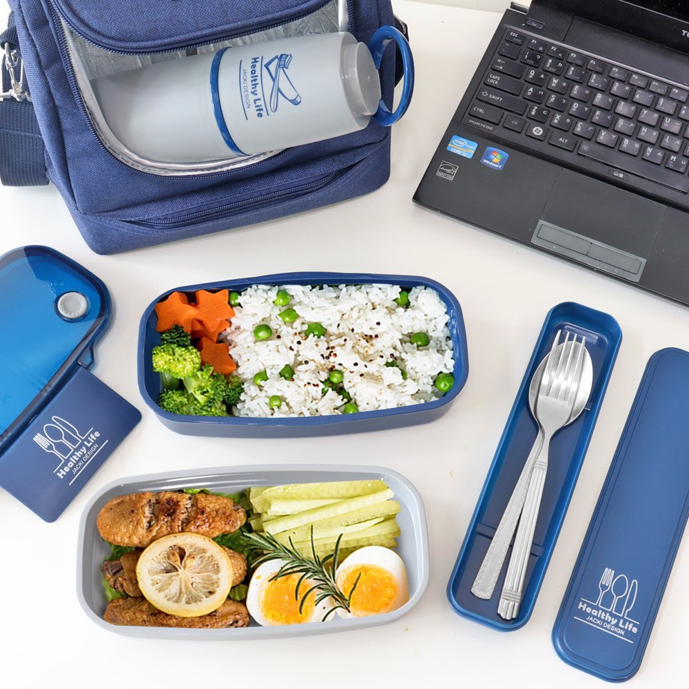 Kit Bolsa Térmica, Marmita E Garrafa 700Ml Azul/Marrom 6