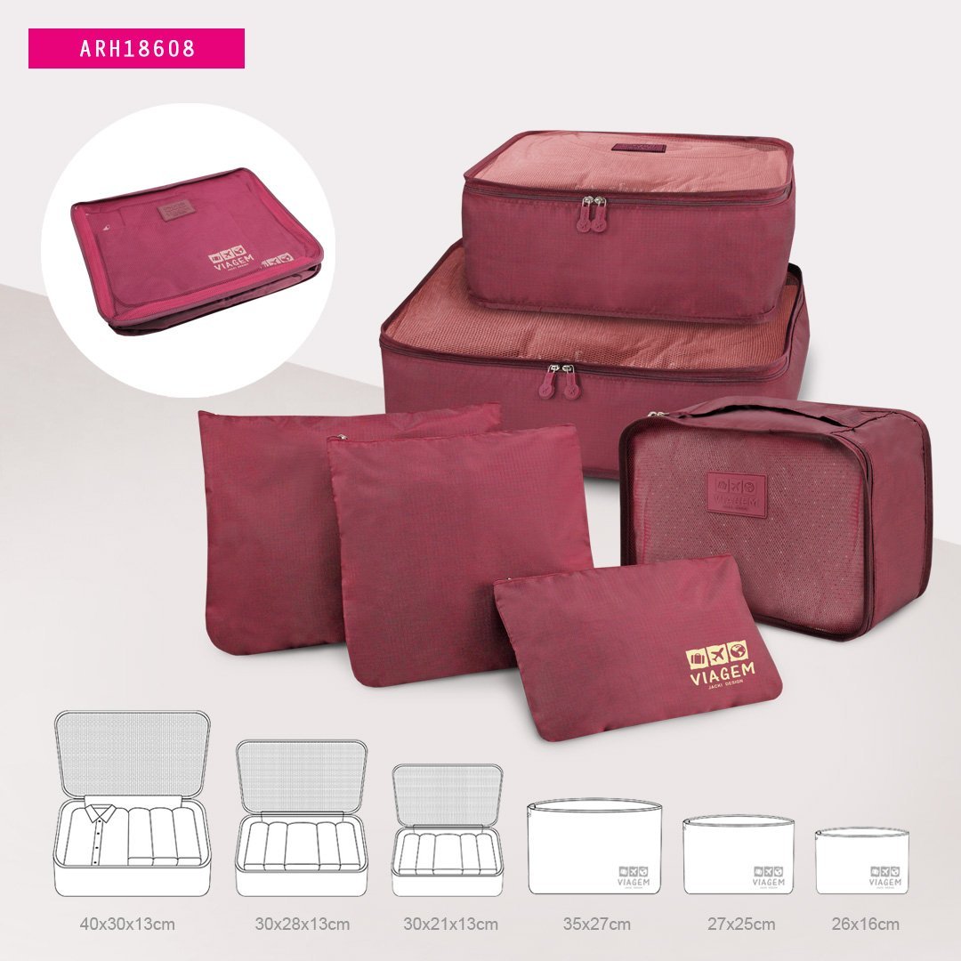 Kit Organizador de Malas 6 pcs + Necessaire c/ Gancho Vinho 9