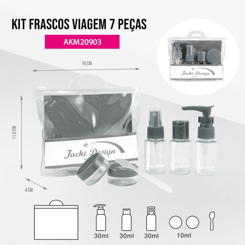 2 Kit de Frascos p/ Viagem de 7 Peças - Jacki Design Vinho / Rosa Vinho/Cinza 7