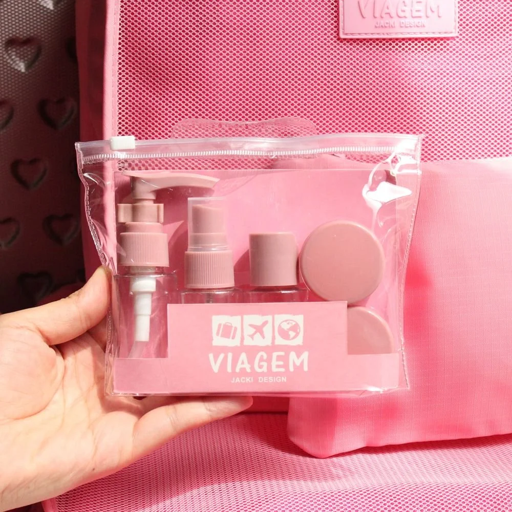 Kit de Bolsa Transparente e Frascos de Viagem de 7 Peças Rosa 7