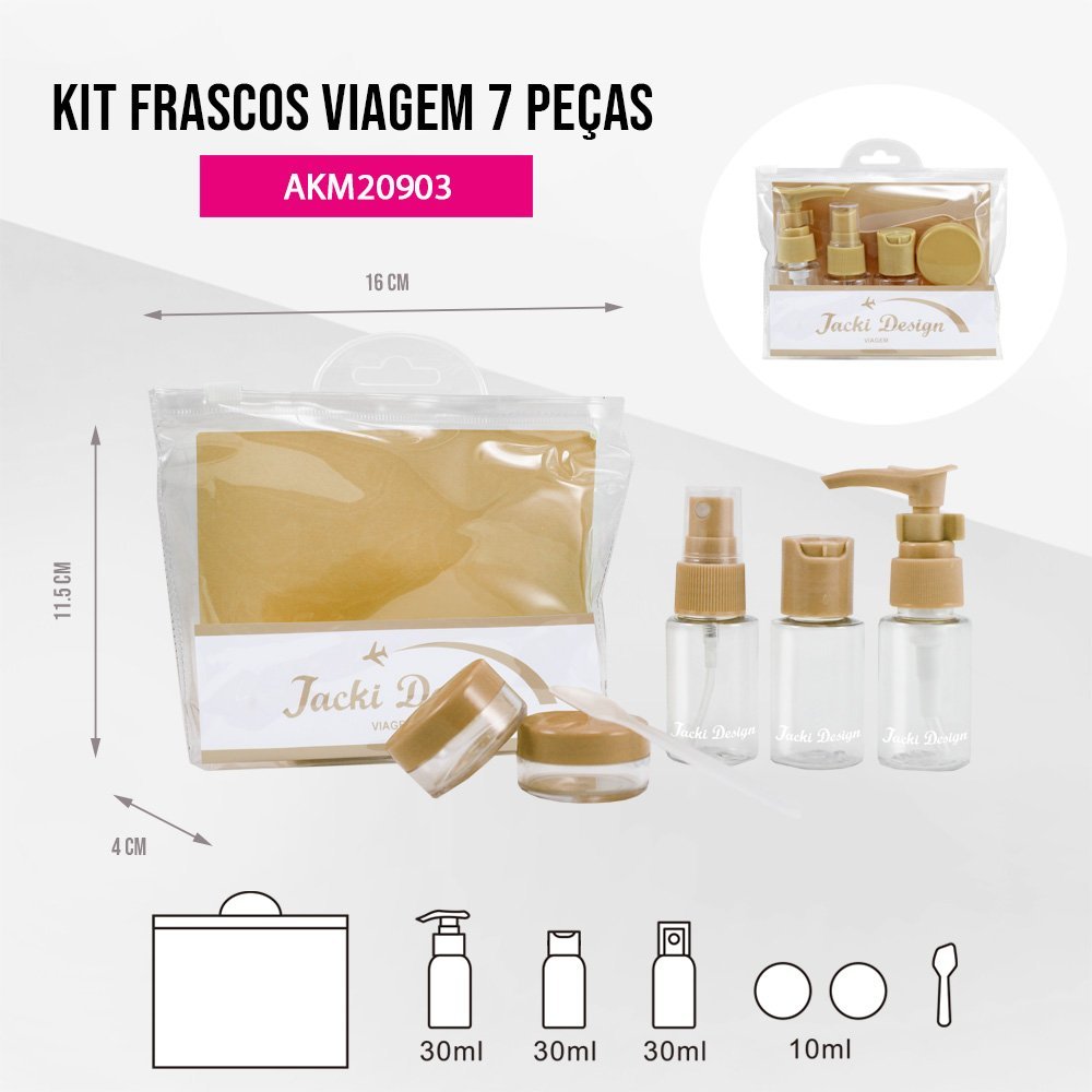 Kit de Bolsa Transparente e Frascos de Viagem de 7 Peças Bege 8