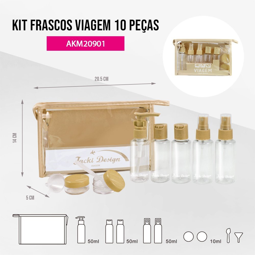 Kit Mala de Bordo, Bolsa Transparente e Frascos de Viagem de 10 Peças Bege 8