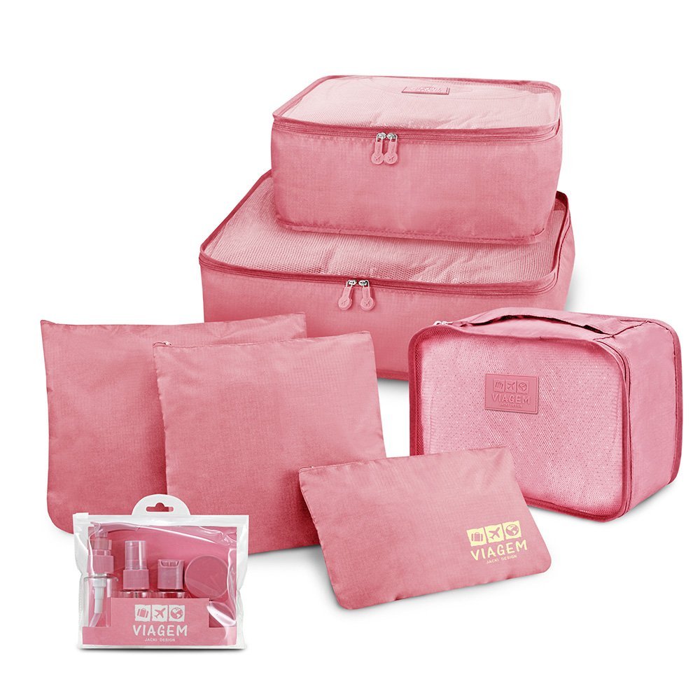Kit Organizador de Malas + Frascos de Viagem 7 pcs Rosa 1