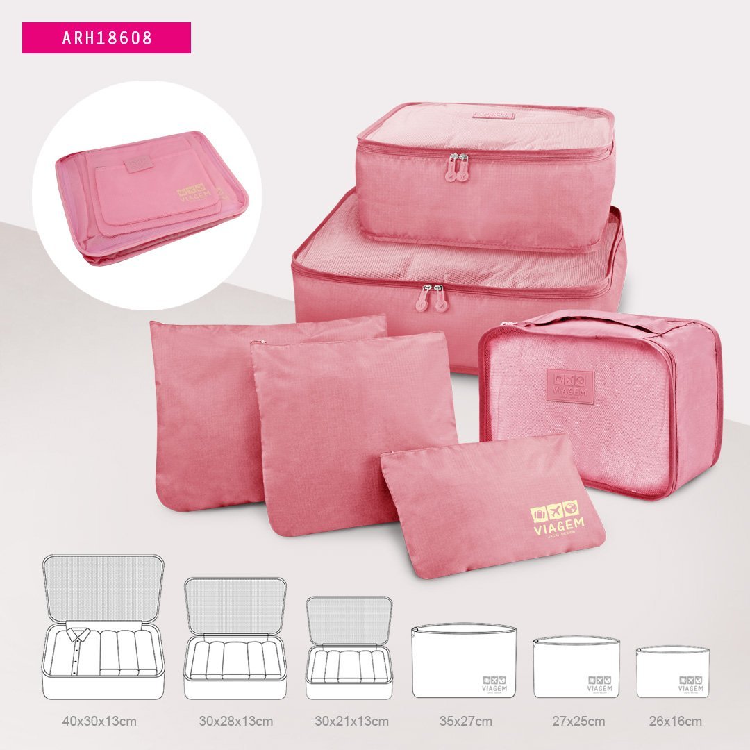 Kit Organizador de Malas + Frascos de Viagem 7 pcs Rosa 9