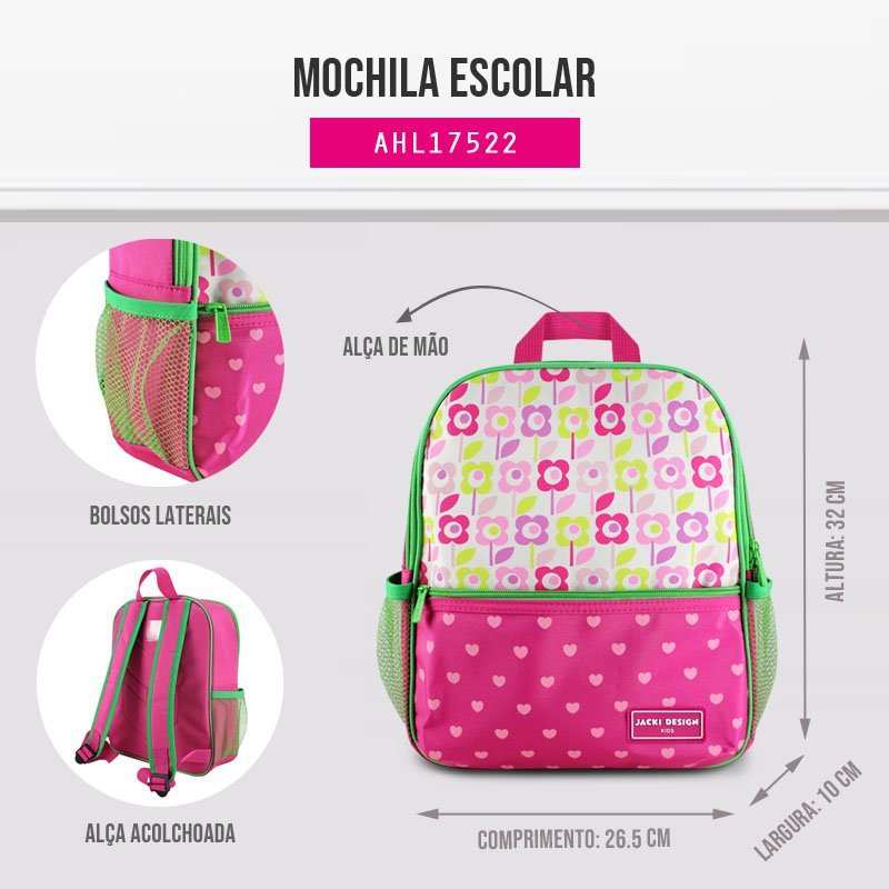 Kit Mochila Infantil + Porta Acessórios Jacki Design Rosa/Verde 3