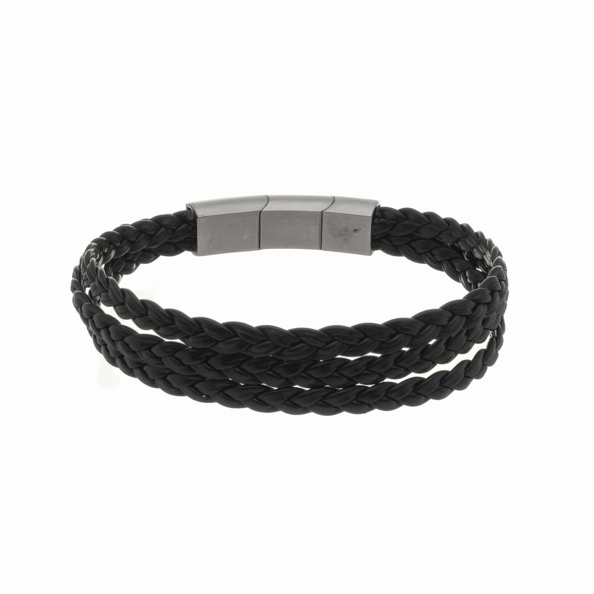 Pulseira Masculina Regulável Couro Preto 3 Tiras Trançadas Grossa Preto 2