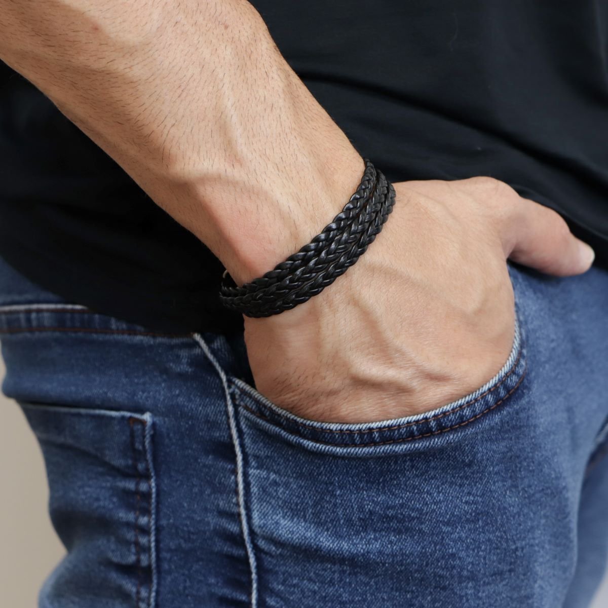Pulseira Masculina Regulável Couro Preto 3 Tiras Trançadas Grossa Preto 4