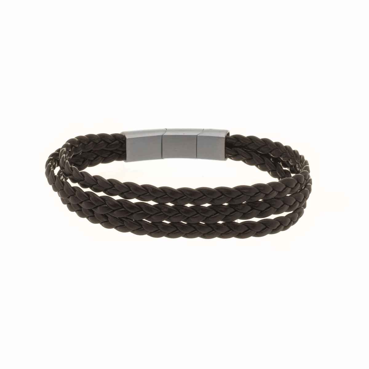 Pulseira Masculina Regulável Couro Marrom 3 Tiras Trançadas Grossa Marrom 2