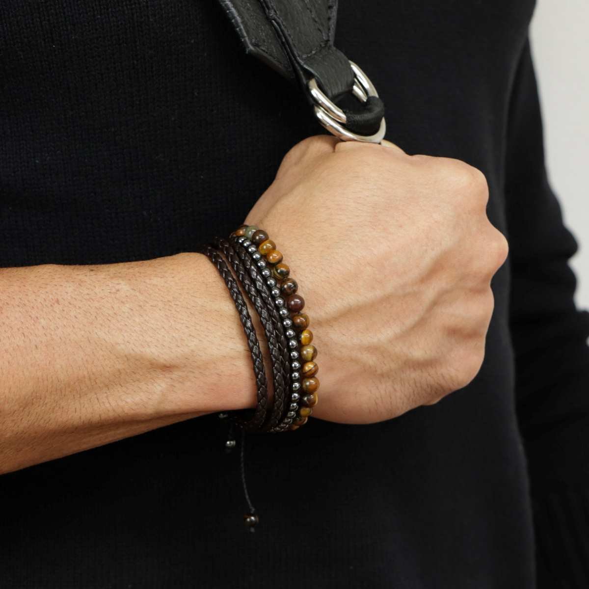 Pulseira Masculina Regulável Couro Marrom 3 Tiras Trançadas Grossa Marrom 4