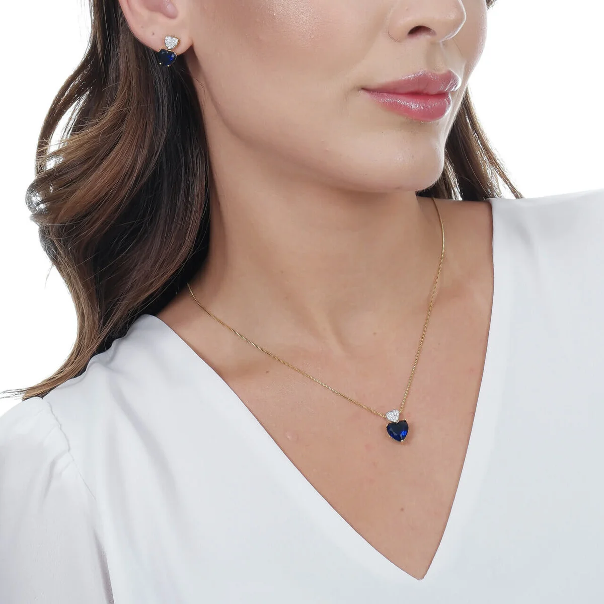 Conjunto Folheado a Ouro 18k Coração Azul Marinho e Cravejado Ouro 18K/Azul 3