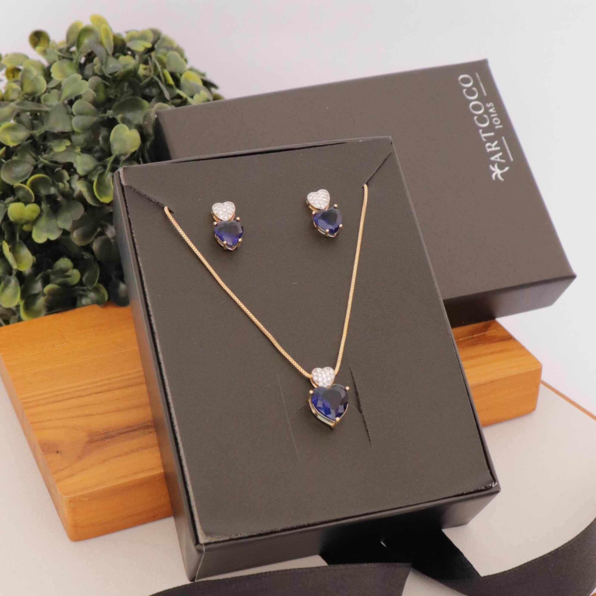 Conjunto Folheado a Ouro 18k Coração Azul Marinho e Cravejado Ouro 18K/Azul 5