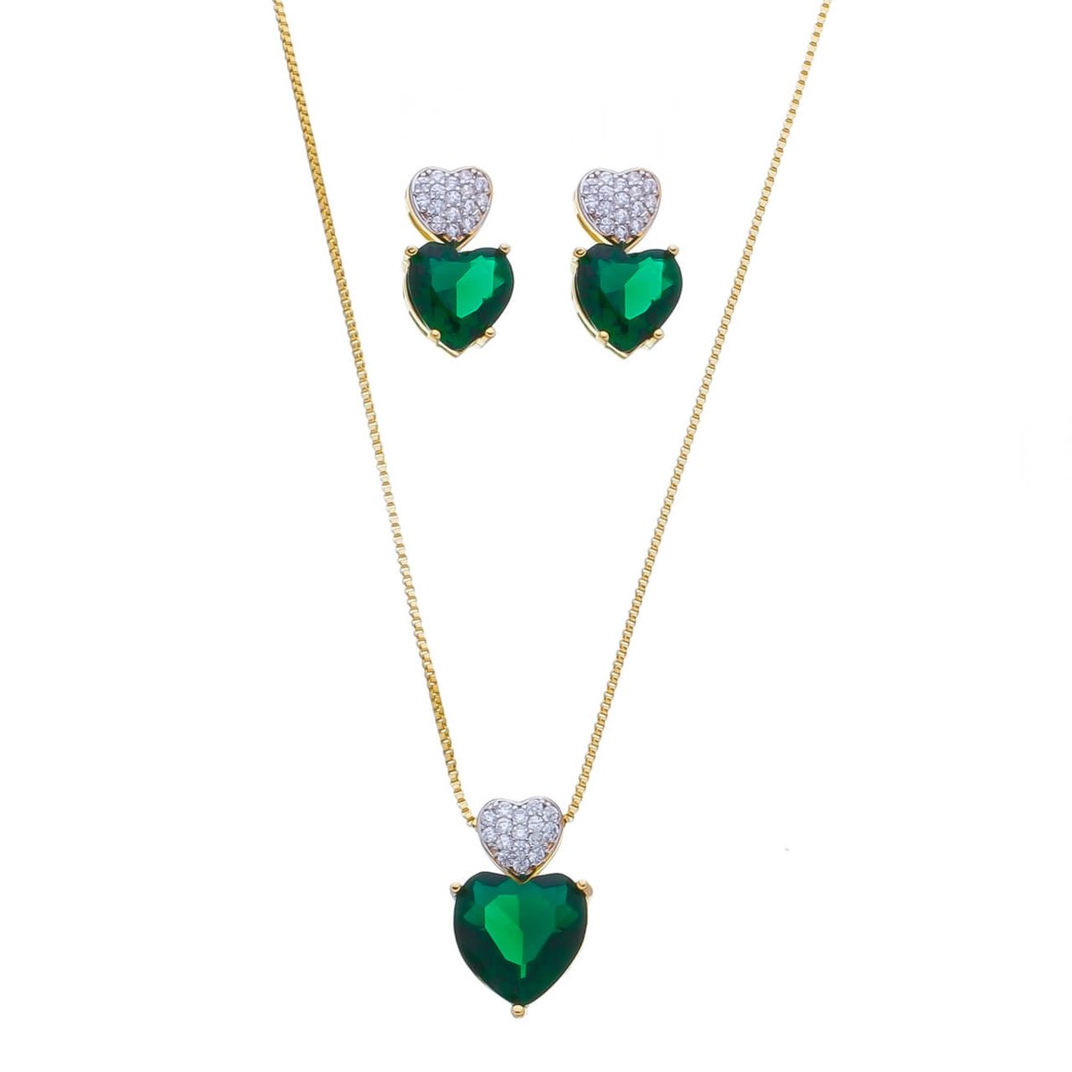 Conjunto Folheado a Ouro 18k Coração Verde Esmeralda e Cravejado