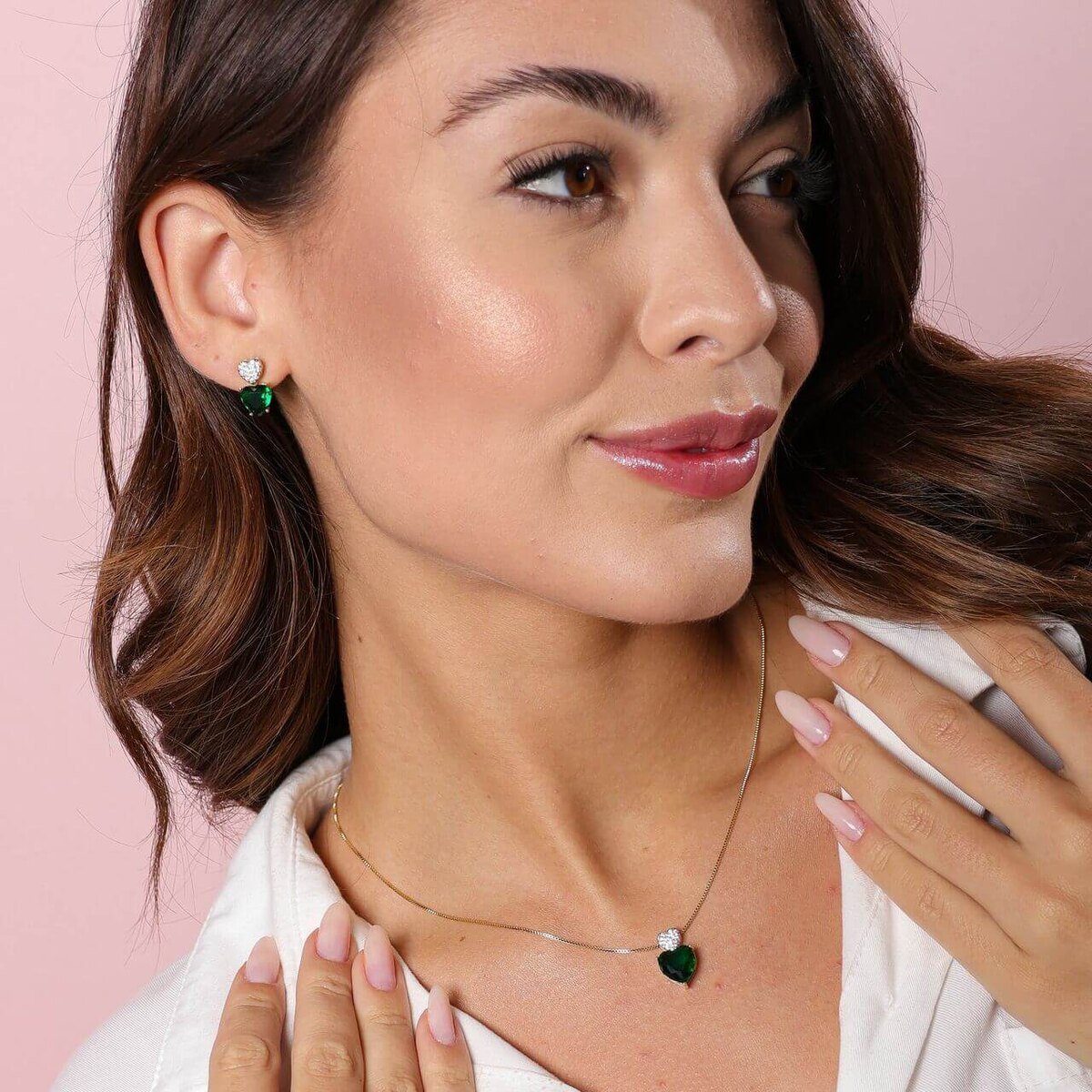 Conjunto Folheado a Ouro 18k Coração Verde Esmeralda e Cravejado Ouro 18K/Verde 2