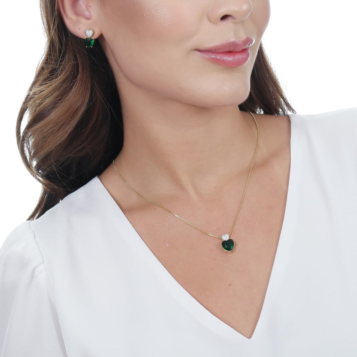 Conjunto Folheado a Ouro 18k Coração Verde Esmeralda e Cravejado Ouro 18K/Verde 3