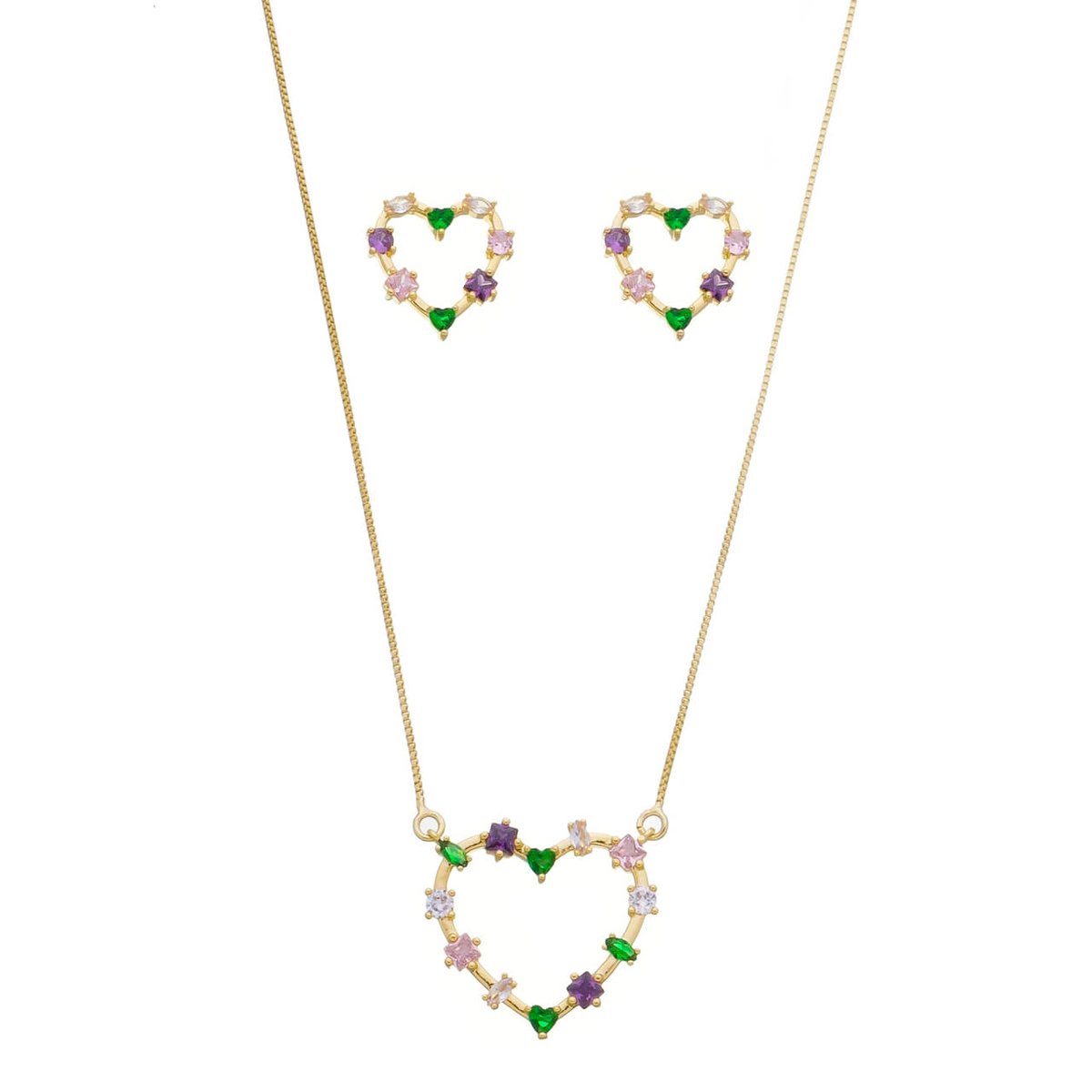 Conjunto Folheado a Ouro 18k Coração G Zircônias Coloridas Ouro 18K 1