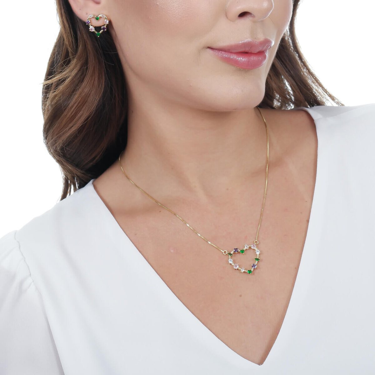 Conjunto Folheado a Ouro 18k Coração G Zircônias Coloridas Ouro 18K 2