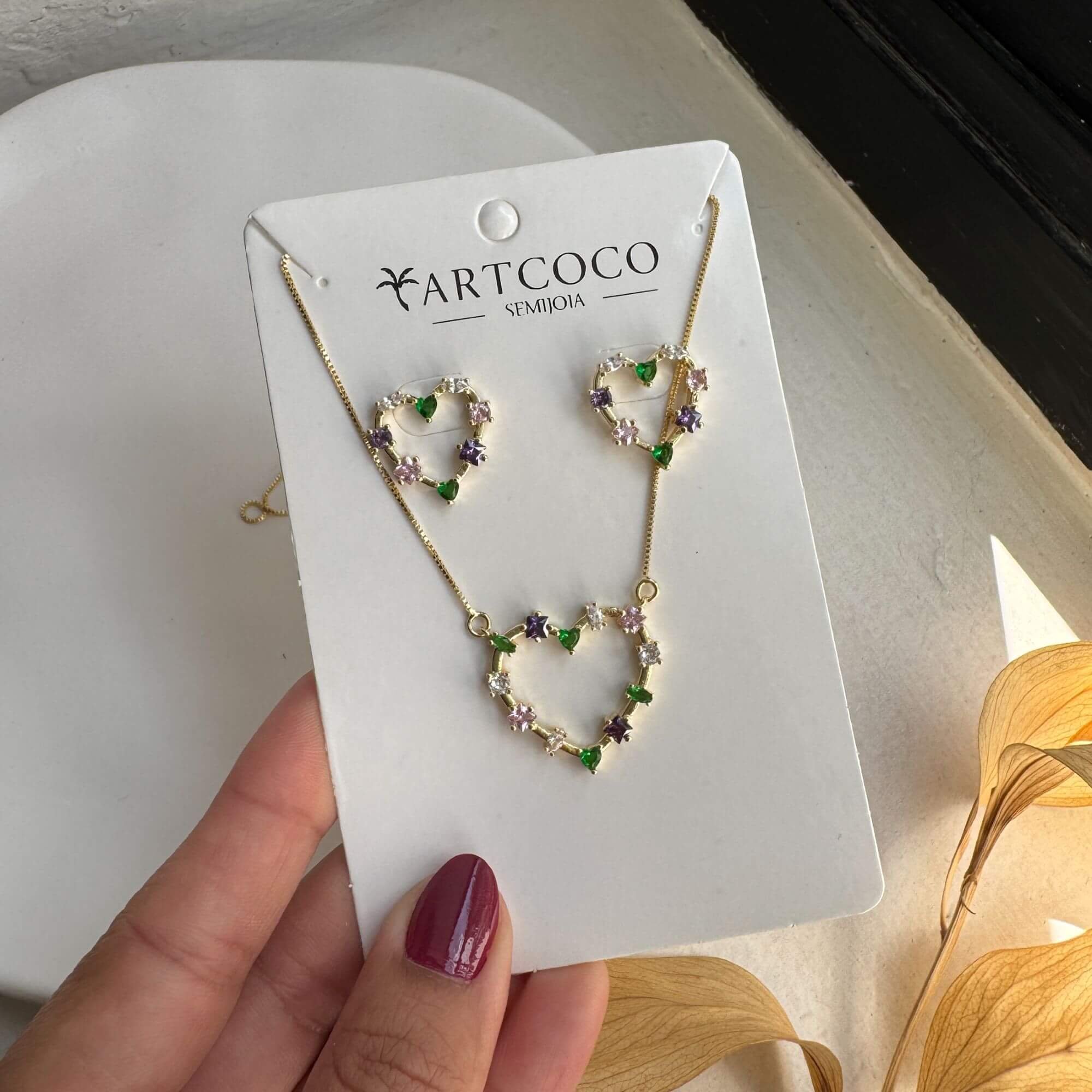 Conjunto Folheado a Ouro 18k Coração G Zircônias Coloridas Ouro 18K 4