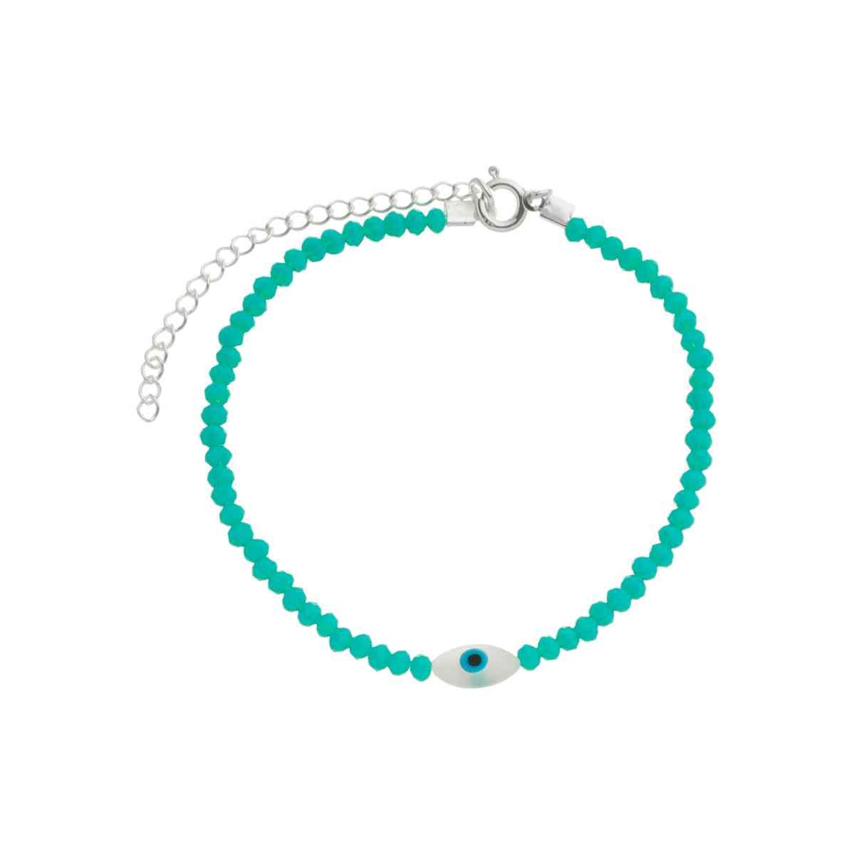 Pulseira Nylon Prata 925 Olho Grego Oval Cristal Verde Água Verde 1