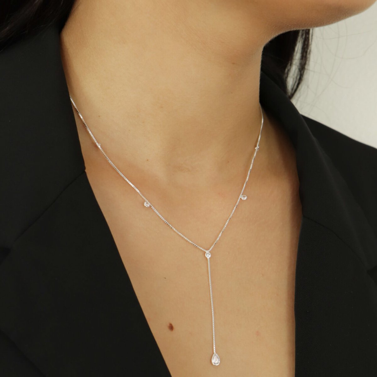 Colar Gravatinha Prata 925 Gota e Ponto de Luz Zircônia Prata 4