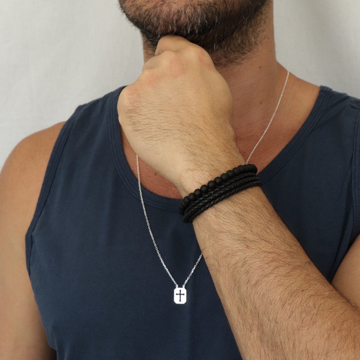 Pulseira Masculina Regulável Couro Preta 3 Tiras Trançadas Fina Preto 3
