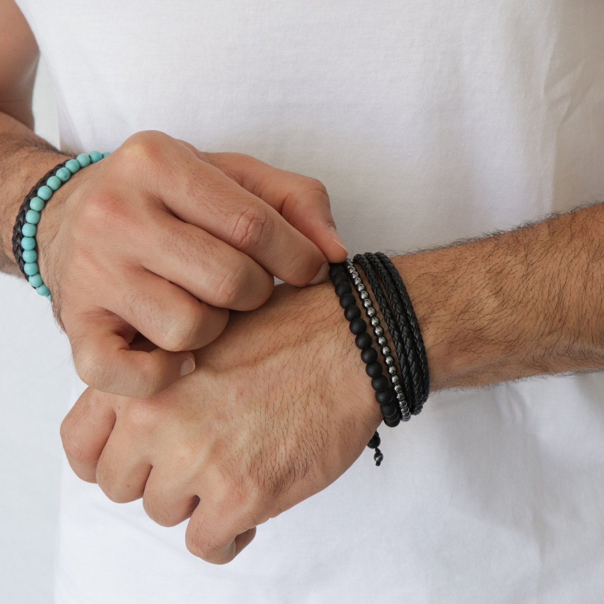 Pulseira Masculina Regulável Couro Preta 3 Tiras Trançadas Fina Preto 4