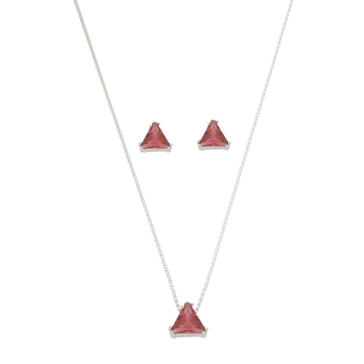 Conjunto Prata 925 Zircônia Triângulo Vermelho