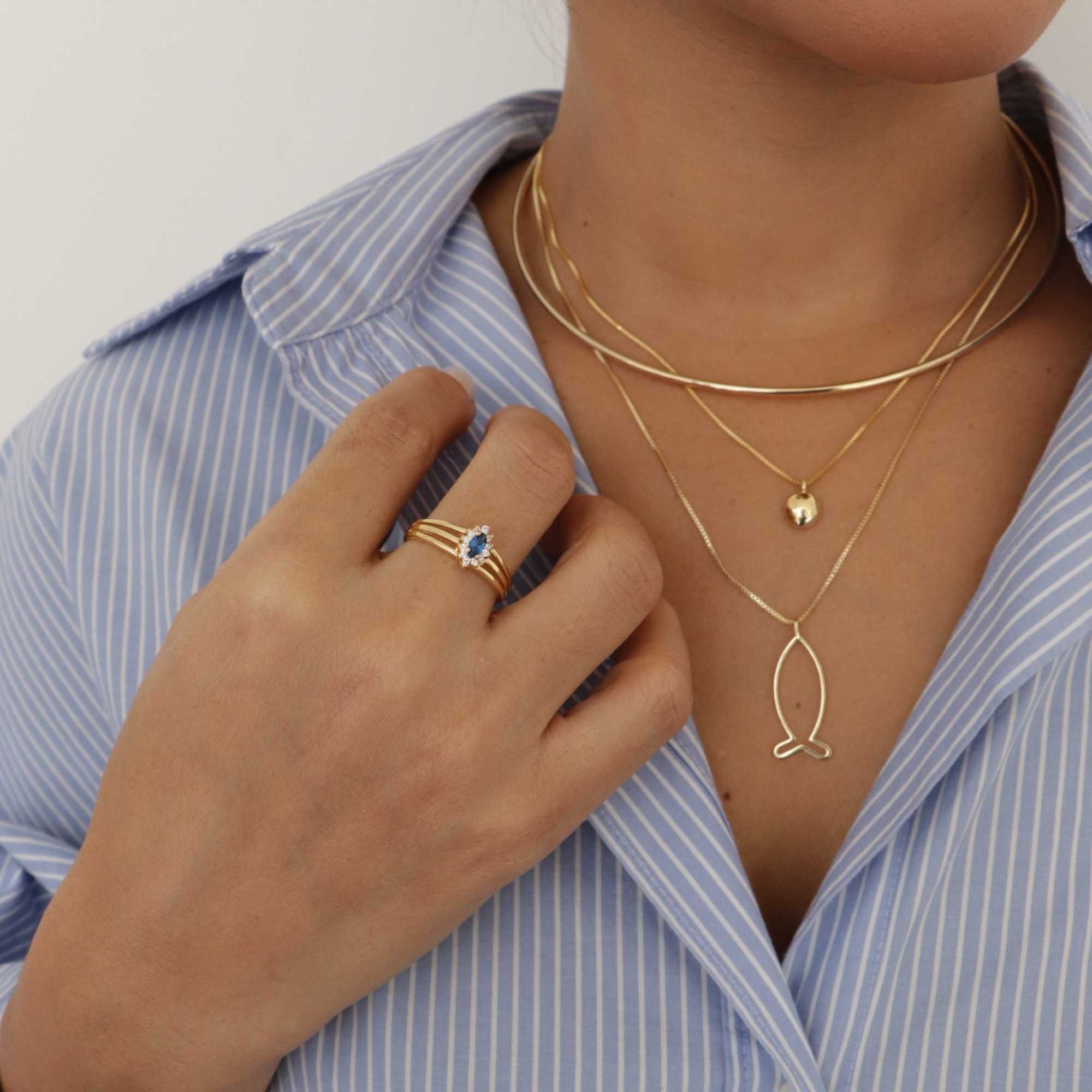 Anel Folheado a Ouro 18k Solitário Oval Zircônia Azul Marinho Ouro 18k/Azul Marinho 3